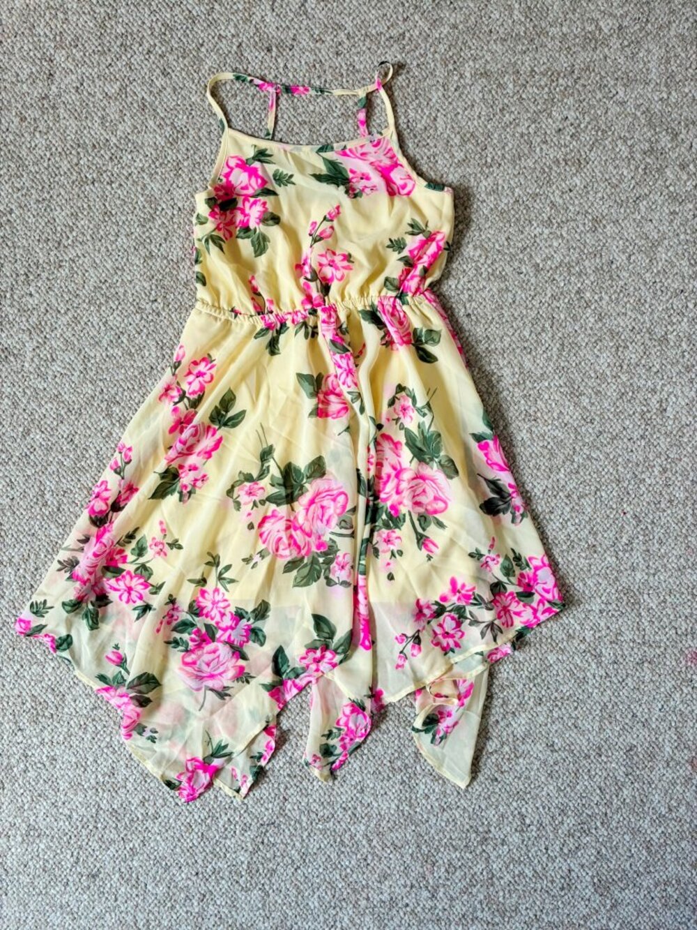 Children's Place Yellow Pink Flower Floral Girls Flared Asymmetry Dress 7 8